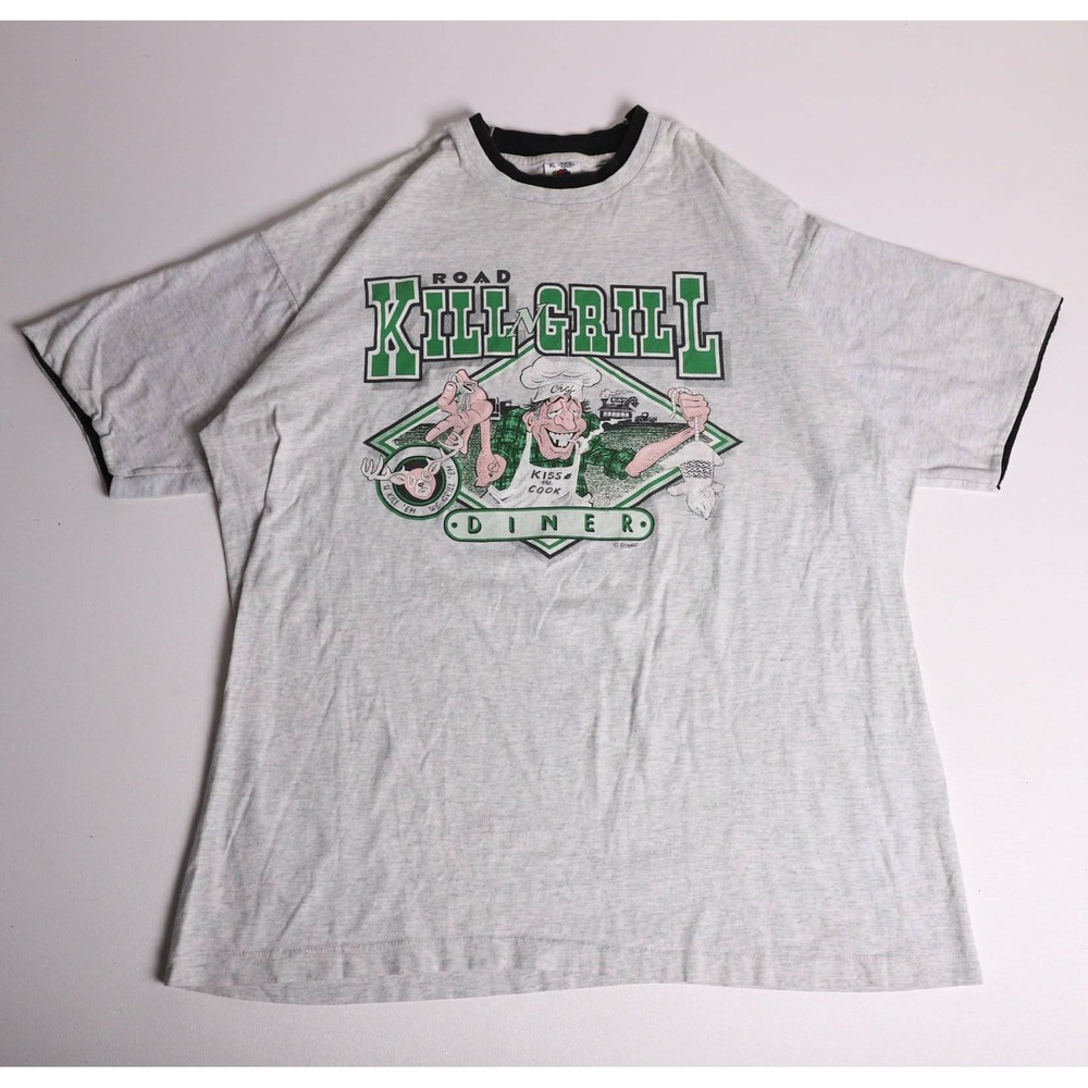 Vintage Fruit of the Loom Road Kill Grill Diner Ringer T-Shirt XL Gray 90s Humor